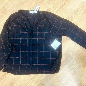 Bella Dahl Navy and Orange Checkered Blouse